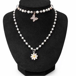 Daisy & Butterfly Jewelry Set 🌸 Pearl Beaded Necklace + Bracelet